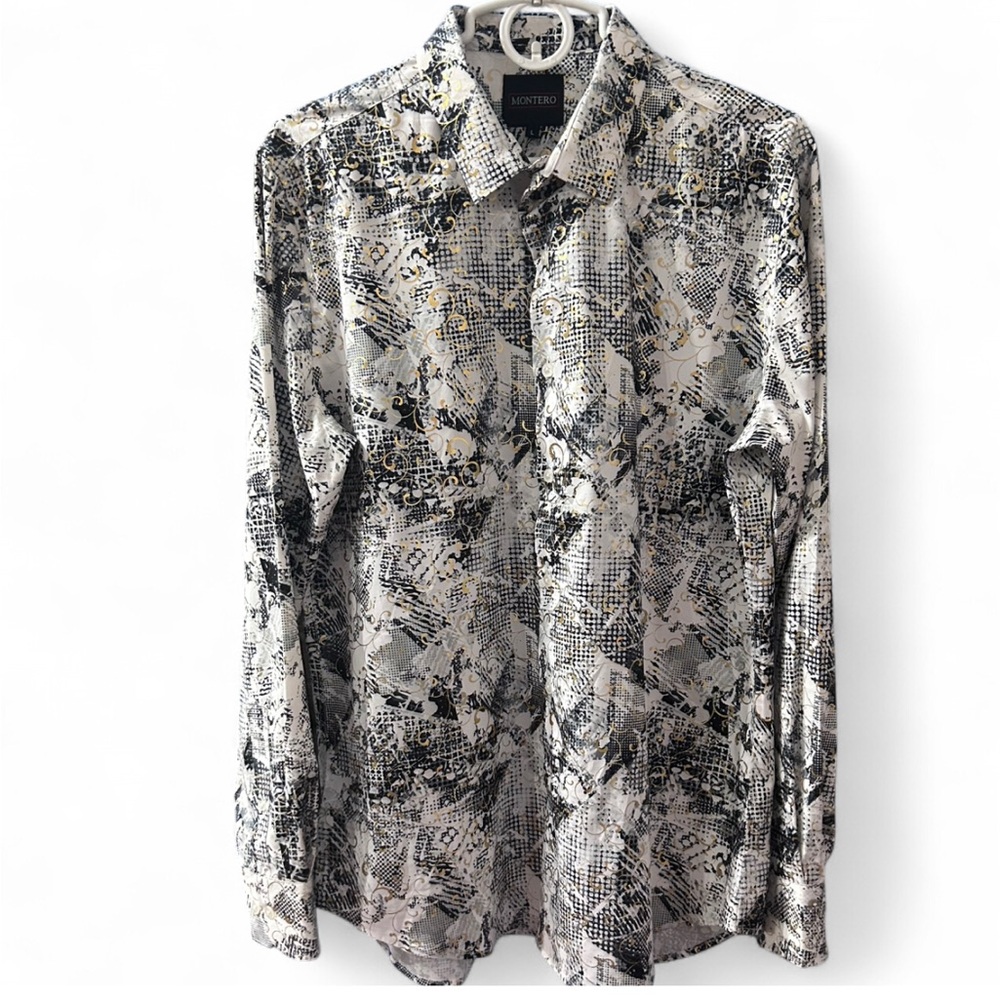 MONTERO Abstract Black & White Shirt Button Up Long Sleeves Western Shirt L,NWOT
